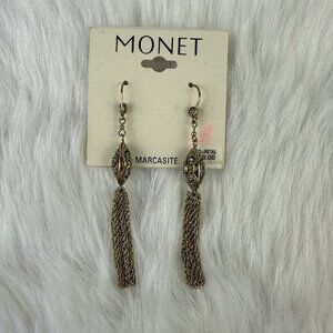Monet Vintage Marcasite Earrings Tassel Fringe Gold Tone Filigree Pierced